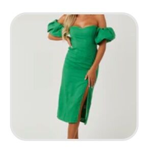 Endless Blu Green Off-Shoulder Dress with Puff Sleeves